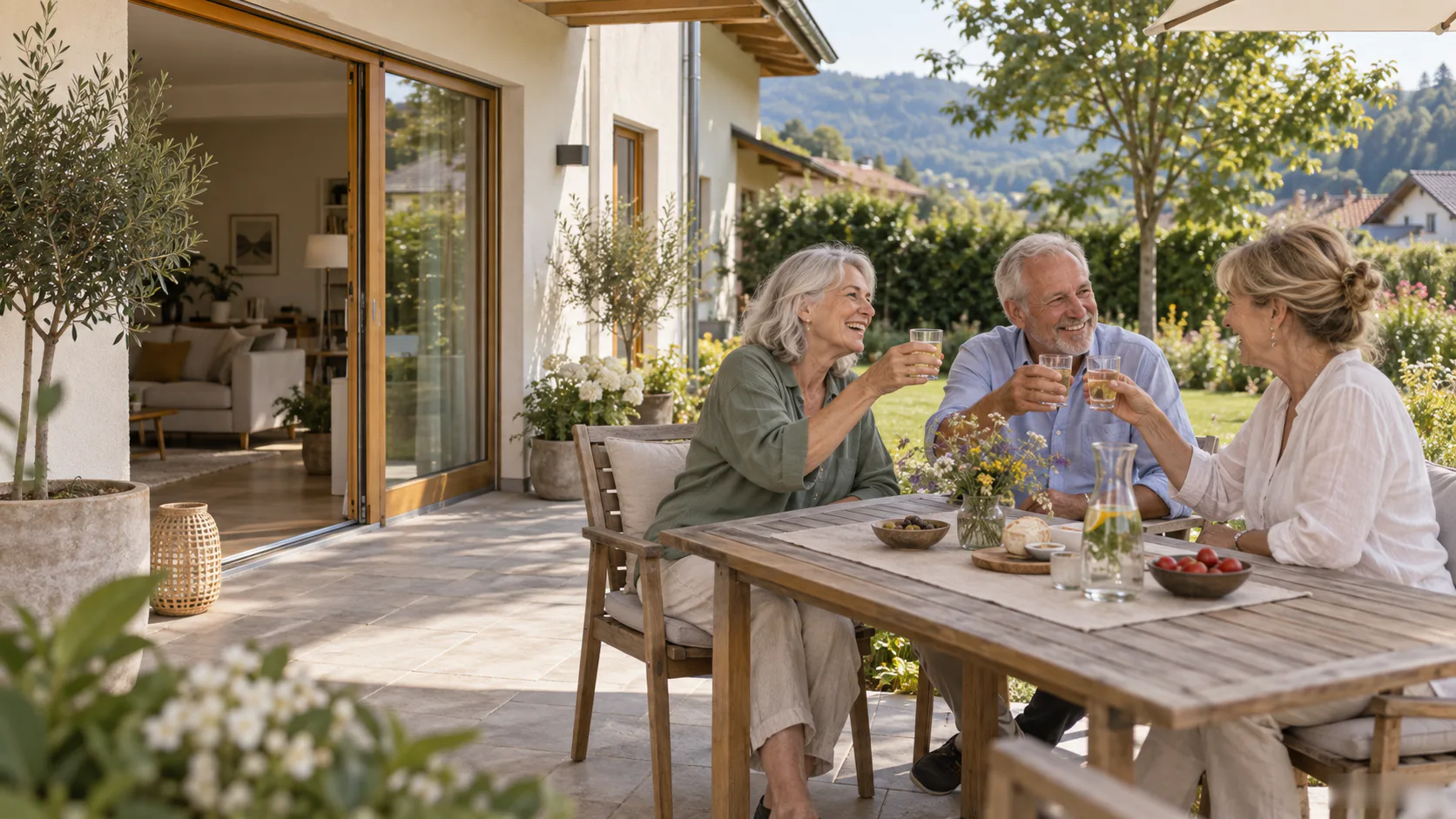 Drei ältere Freunde stoßen auf der Terrasse eines österreichischen Wohnhauses an